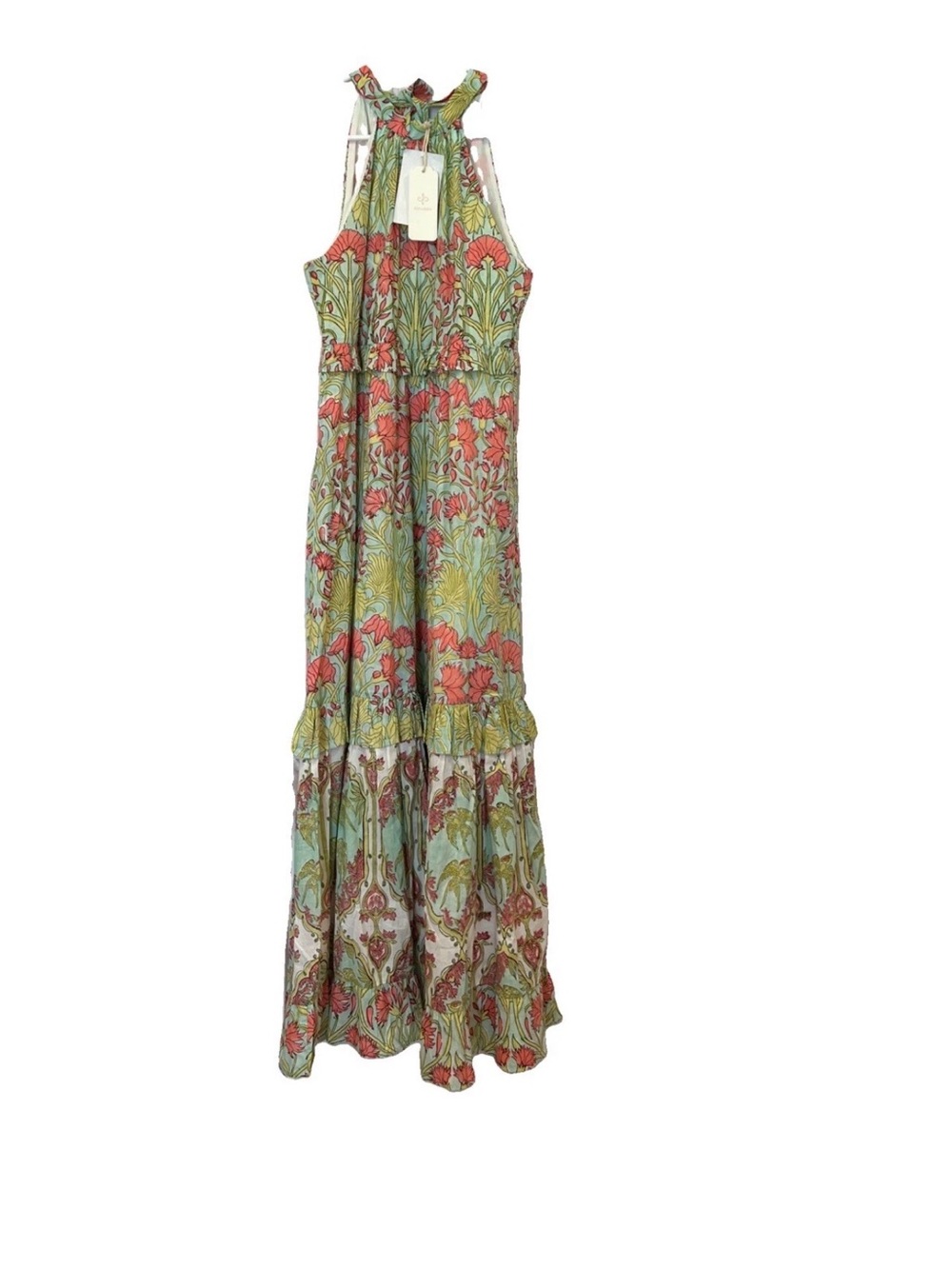 Floral Halter Maxi Dress in Green and Coral Sz.S NWT